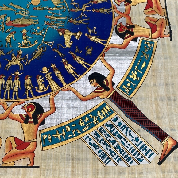 Hand Painted Egyptian Papyrus 36”H x 25”W with Storage Tube — Signed - Picture 7 of 14